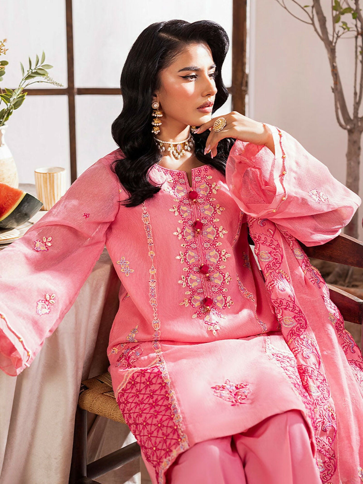 Shurooq L’amore Khaddi Net Embroidered Stitched 3-Piece Suit-Yodelle