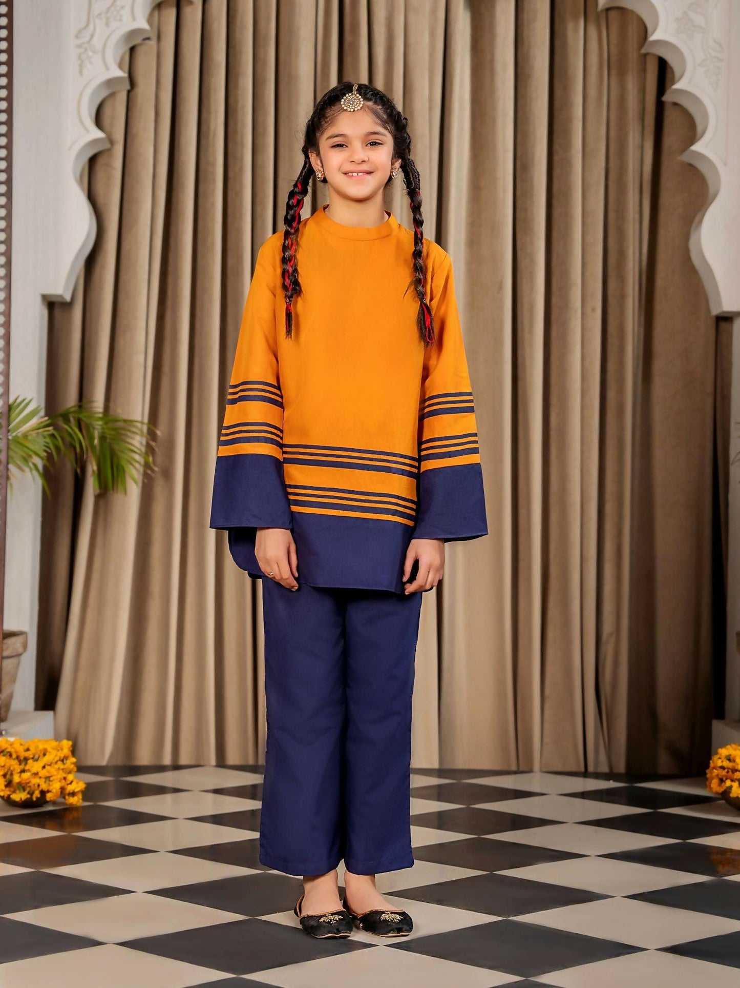 Orange and Navy Velvour Girls Stitched 2-Piece Suit-VG128-B