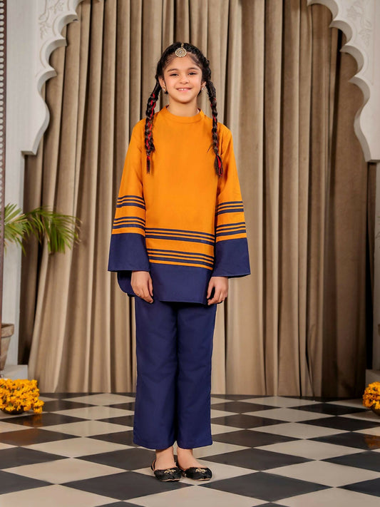 Orange and Navy Velvour Girls Stitched 2-Piece Suit-VG128-B