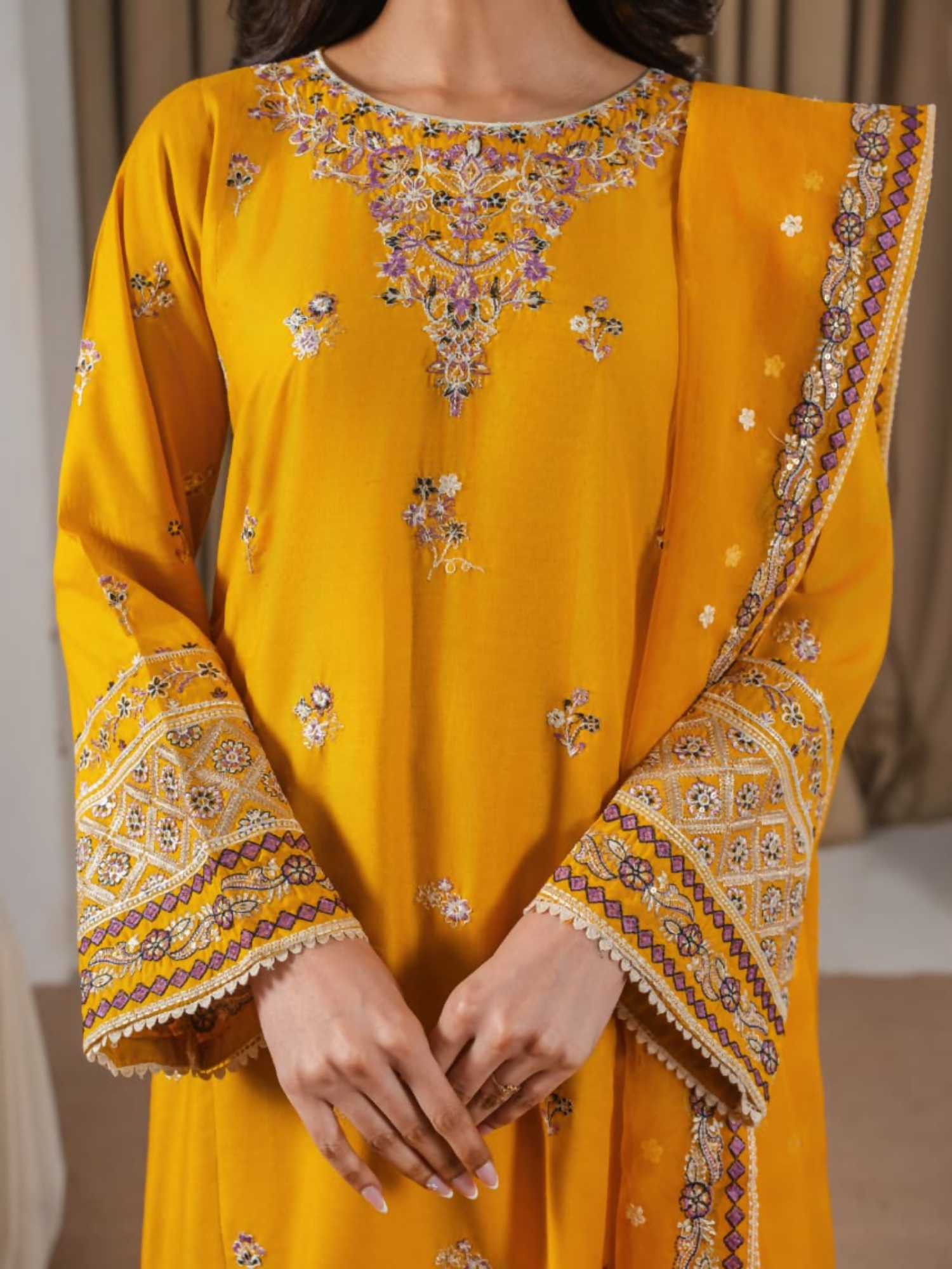 Tehzeeb Libas Linen Embroidered Stitched 3-Piece Suit-Preet