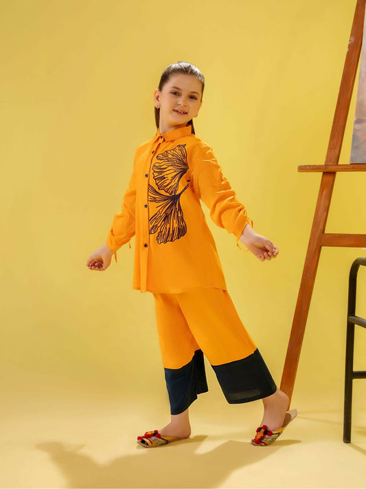 Orange and Black Velvour Girls Printed Co-ord Set-VG134-A
