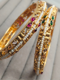 Gold H&A Jewellery Handcrafted Antique Gold Bangles with Fine Pearl Beadwork & Semi-Precious Stones