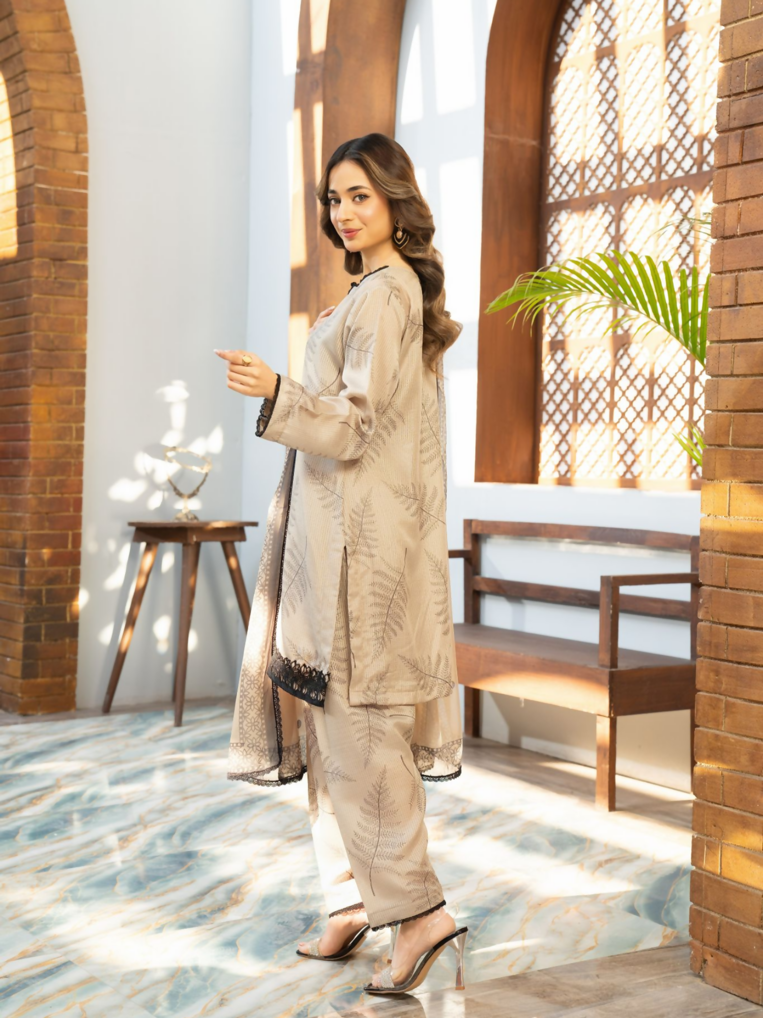 Panache Apparel Fiona SS'25 Dobby Lawn Printed Stitched Suit-Dune