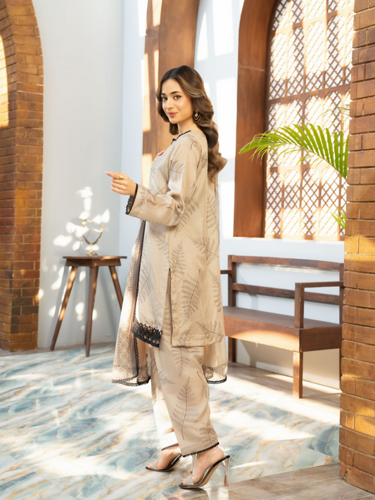 Panache Apparel Fiona SS'25 Dobby Lawn Printed Stitched Suit-Dune