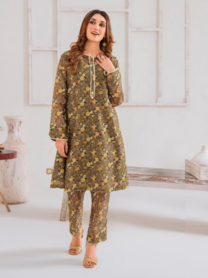 Panache Apparel Chambray Katan Printed Stitched 2-Piece Suit-Evergreen