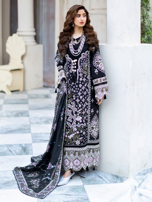 Unstitched 3-piece embroidered suit featuring embroidered lawn front, embroidered back and sleeves, embroidered sleeve motifs and borders, silk printed dupatta, dyed slip, and trouser.