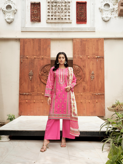Unstitched 3-piece suit with a digital printed lawn shirt, digital printed lawn dupatta, and dyed lawn trouser.