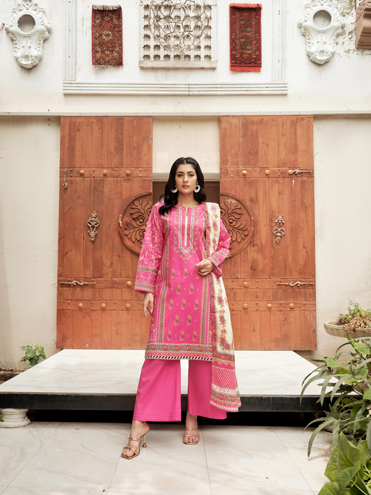 Unstitched 3-piece suit with a digital printed lawn shirt, digital printed lawn dupatta, and dyed lawn trouser.