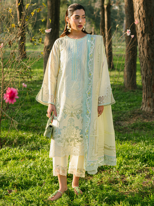 Elegant embroidered lawn suit with organza daman and sleeve motifs, embellished four-side lace dupatta, and cotton trouser.