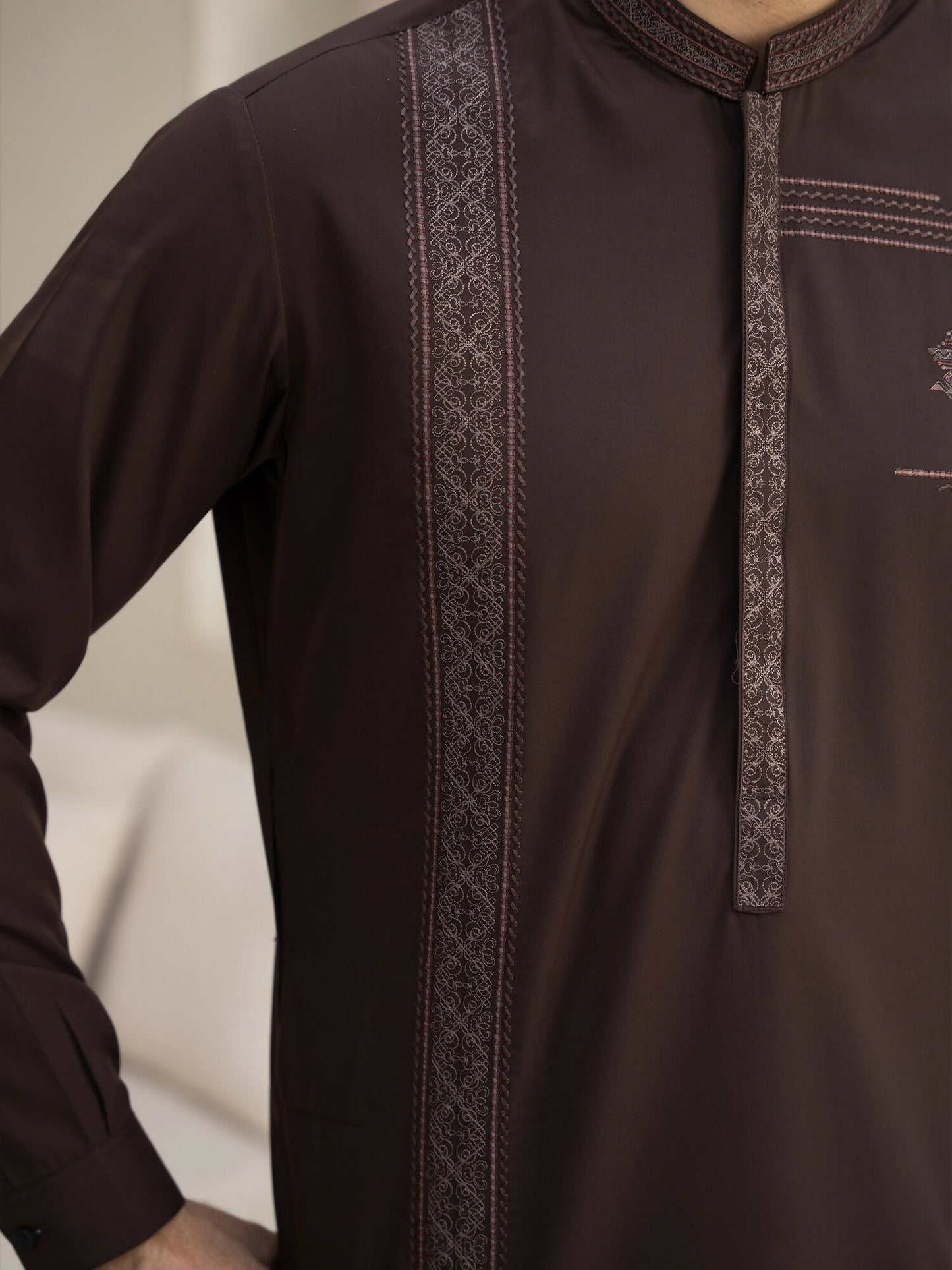 Fabrich Men Wash & Wear Embroidered Unstitched Shalwar Kameez-Brown