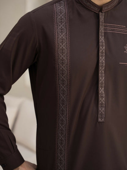 Fabrich Men Wash & Wear Embroidered Unstitched Shalwar Kameez-Brown