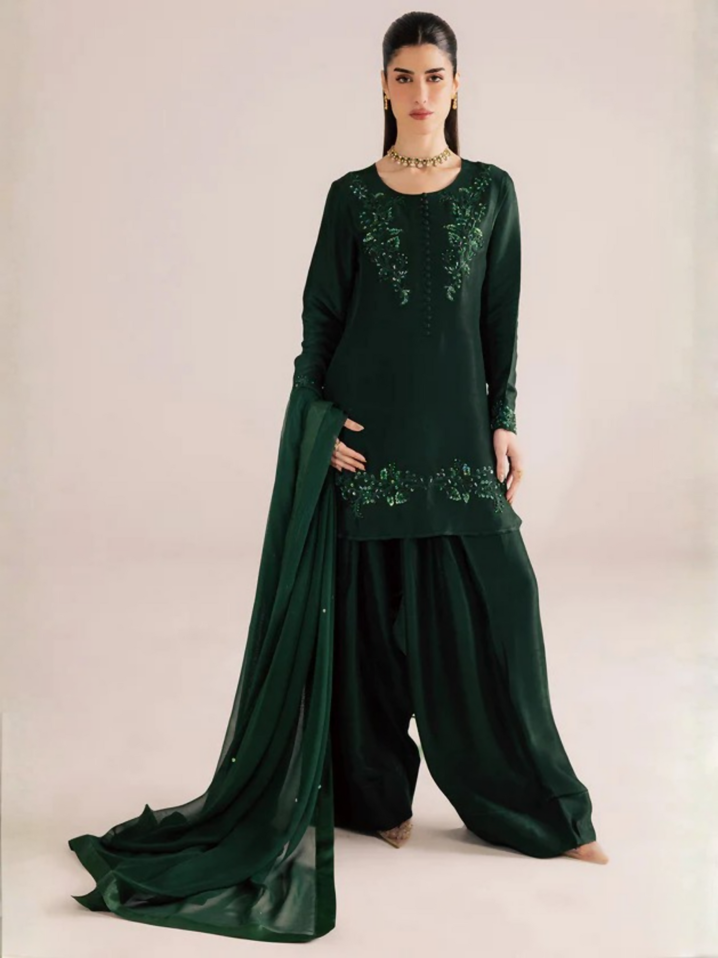 Allure By IH Silver Night Tussel Silk Embroidered Stitched 3-Piece Suit-Forest