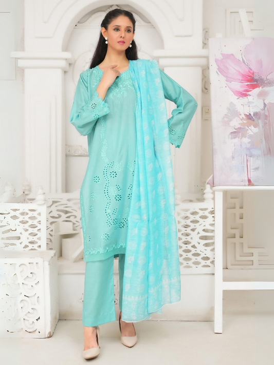 Woman wearing stitched 3-piece suit with embroidered straight-cut shirt, laser-cut floral motifs on sleeves and hem, embroidered neckline, digitally printed dupatta, and matching straight trouser.