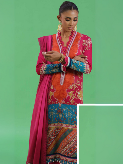 Unstitched 3-piece pink lawn suit featuring bold printed patterns with a matching dupatta and dyed cambric trouser.