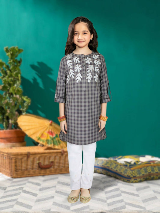 Grey and White Velvour Girls Embroidered Stitched Kurti Tunic-VG72-B