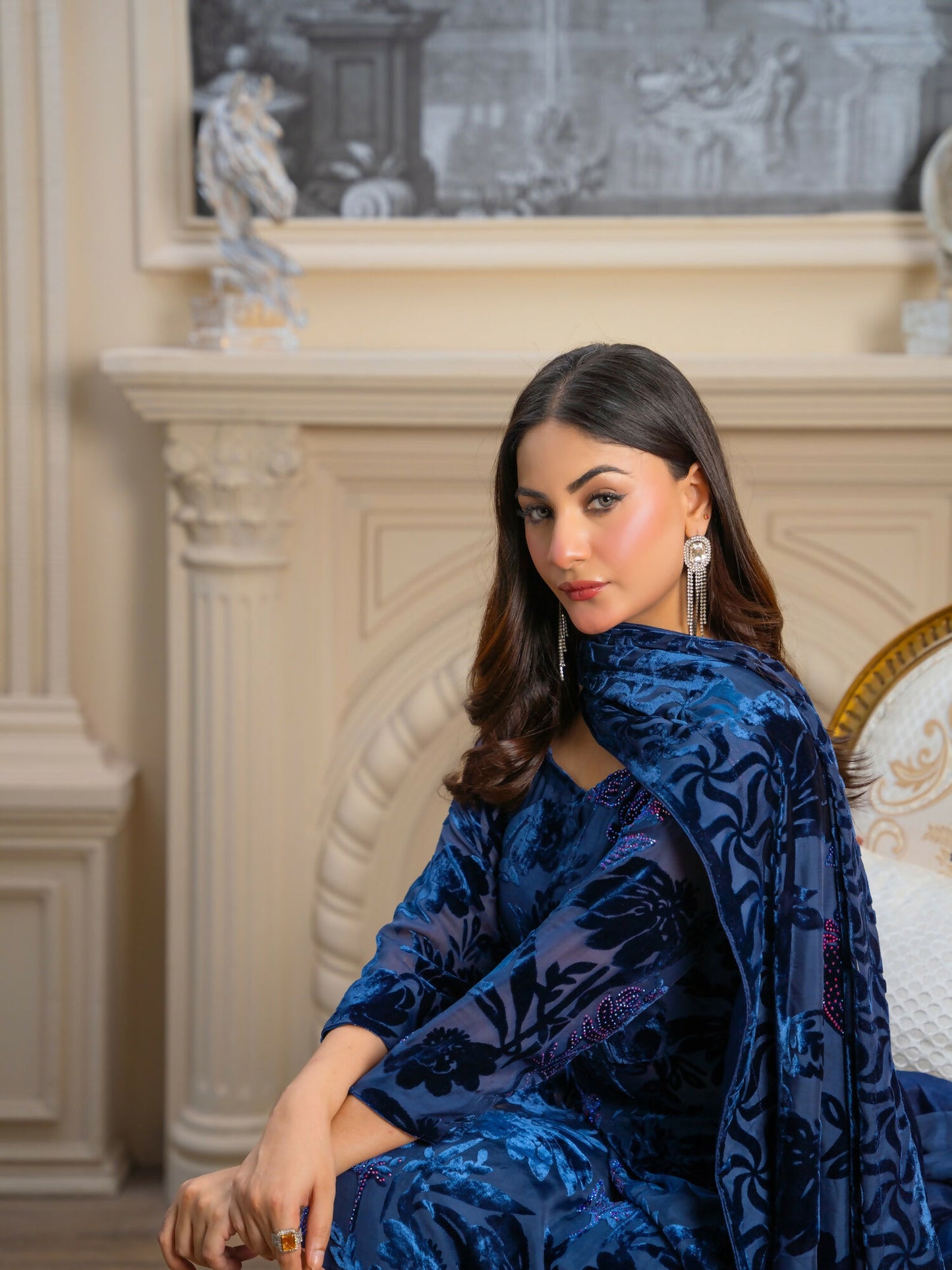 Noori Palachi Embossed Printed With Stone Work Unstitched 3-Piece Suit