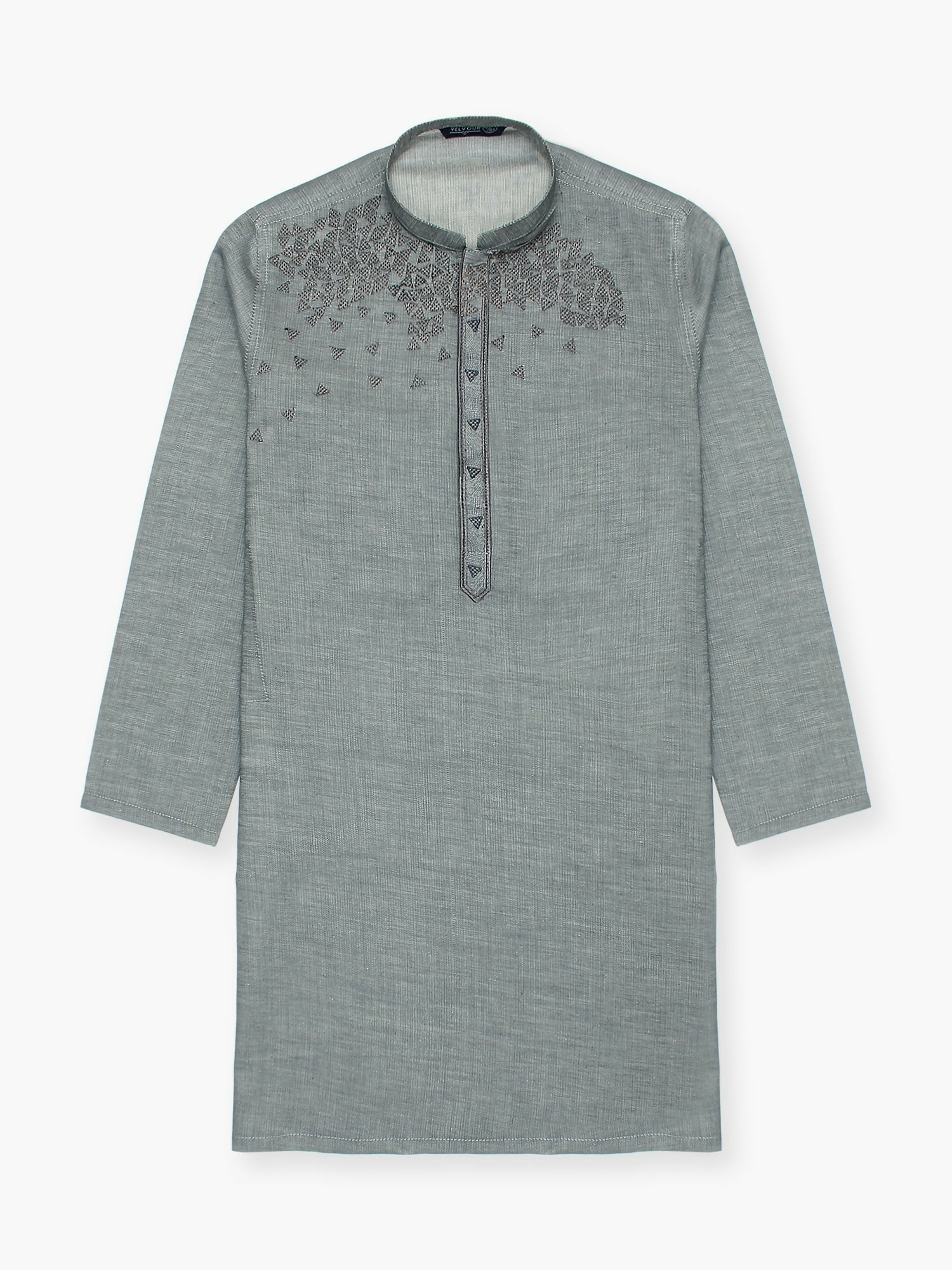Boy wearing embroidered cotton kurta with mandarin collar, full sleeves, and regular fit, suitable for festive and traditional wear