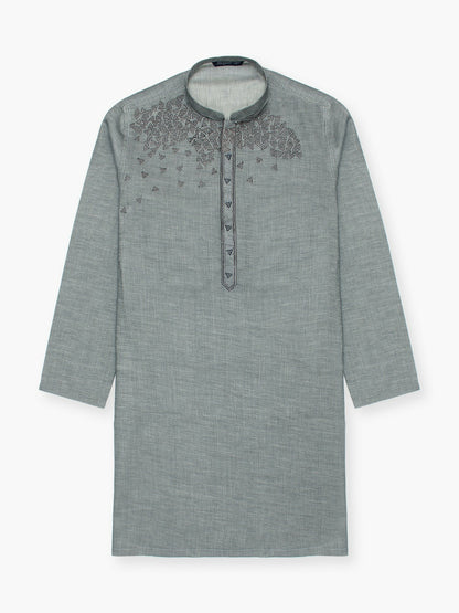 Boy wearing embroidered cotton kurta with mandarin collar, full sleeves, and regular fit, suitable for festive and traditional wear