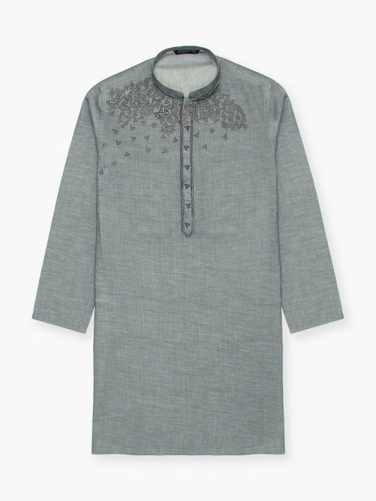 Boy wearing embroidered cotton kurta with mandarin collar, full sleeves, and regular fit, suitable for festive and traditional wear