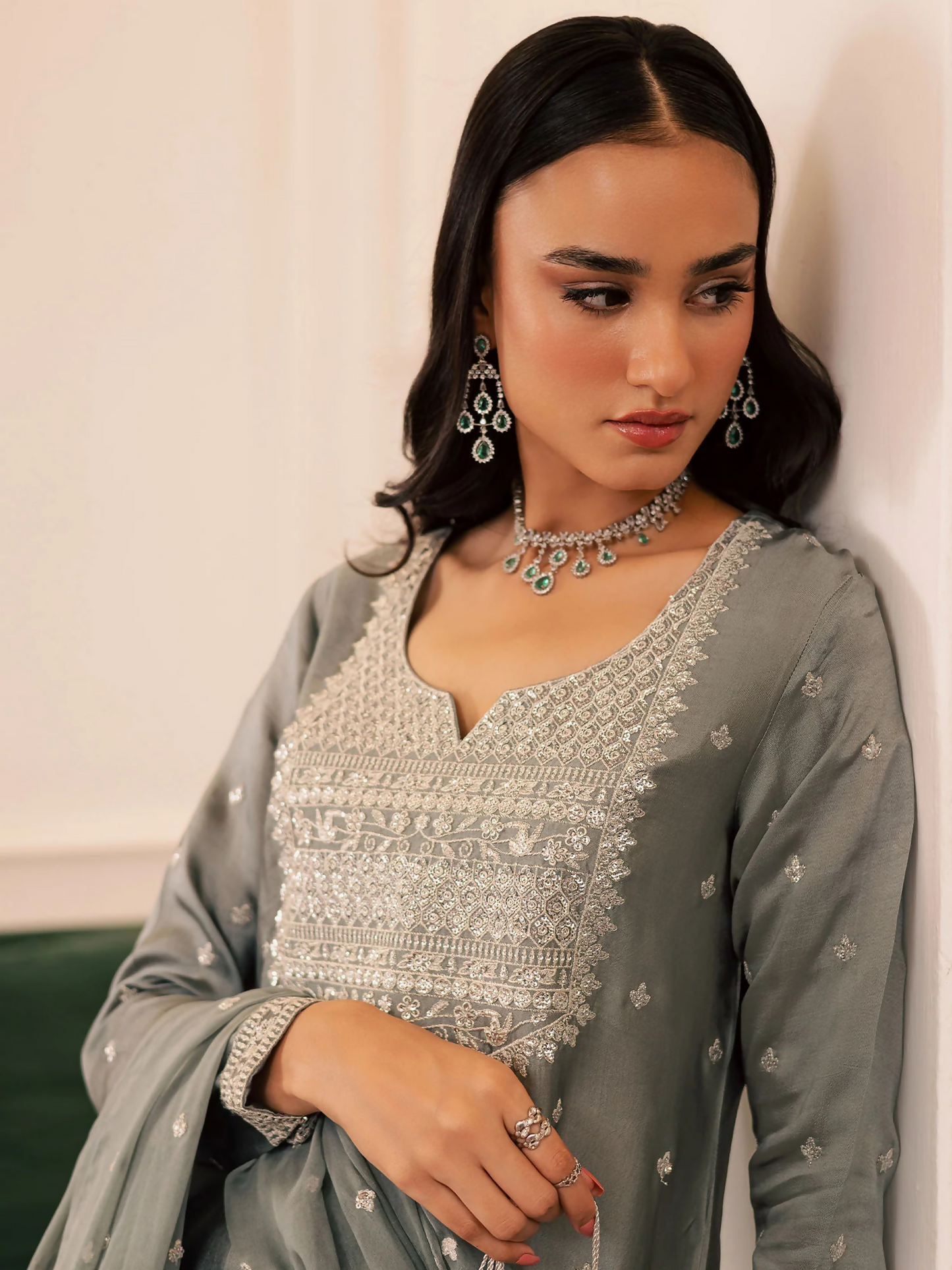 Allure By IH Be-My-Guest Thai silk Embroidered Stitched 3-Piece Suit-Wild Cold