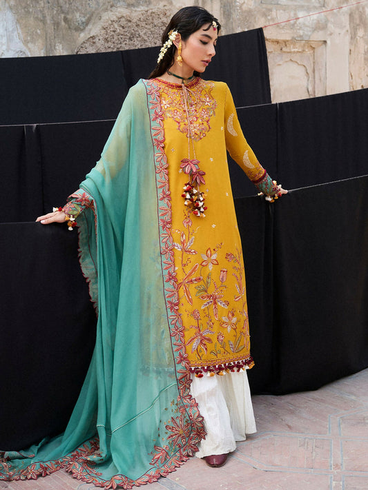 Mustard Hussain Rehar Luxury Lawn Embroidered Unstitched 3-Piece Suit-Masam