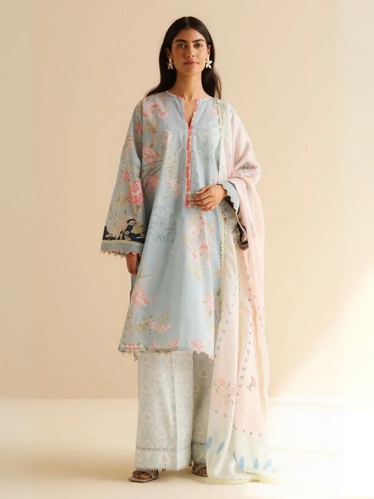 Unstitched 3-piece printed suit with floral lawn shirt, cambric trouser, and digital printed silk dupatta