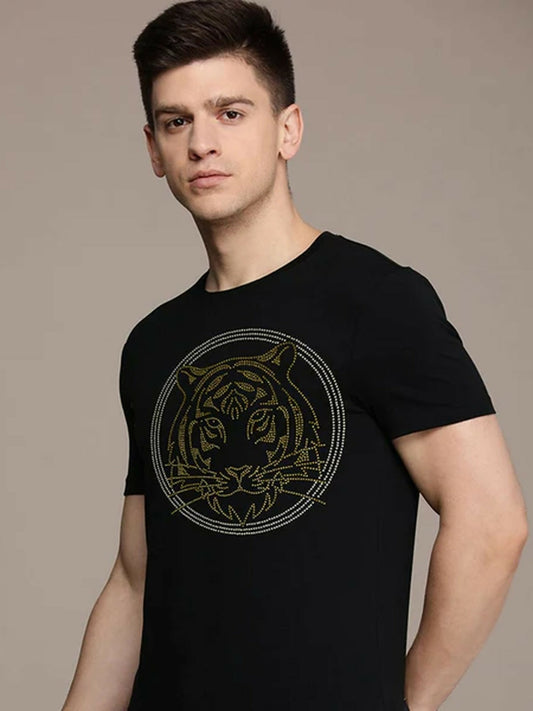 Black, Maroon, Grey, Green, Red ,Yellow Jupiter Printed Diamantes Stone Tiger Tee-Shirt-12473
