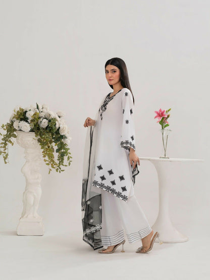 Stylish Collection Saya Pret Cotton Embroidered 3-Piece Suit-White Charm