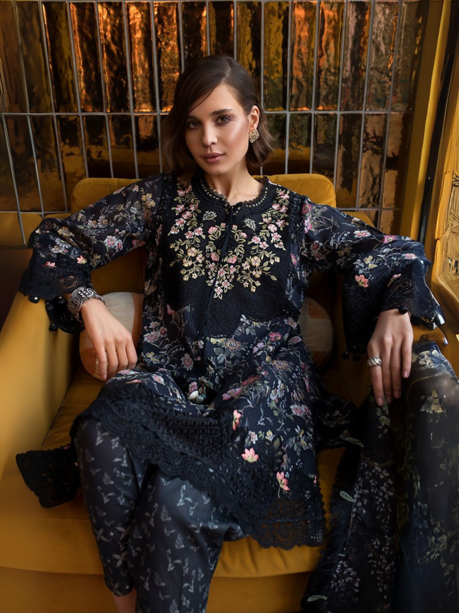 Design 3Unstitched 3-piece suit featuring a printed shirt with embroidered neckline, daman, and sleeve borders, paired with printed trousers and a slub organza printed dupatta, styled flatly with no additional accessories.B (2)