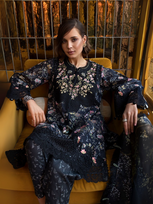 Design 3Unstitched 3-piece suit featuring a printed shirt with embroidered neckline, daman, and sleeve borders, paired with printed trousers and a slub organza printed dupatta, styled flatly with no additional accessories.B (2)