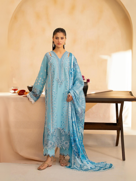 RajBari SIRA 5-B powder blue embroidered 3-piece unstitched lawn suit with silk dupatta