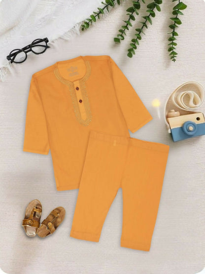 Embroidered stitched cotton kurta pajama suit with round neck, full sleeves, and regular fit, ideal for traditional and festive occasions