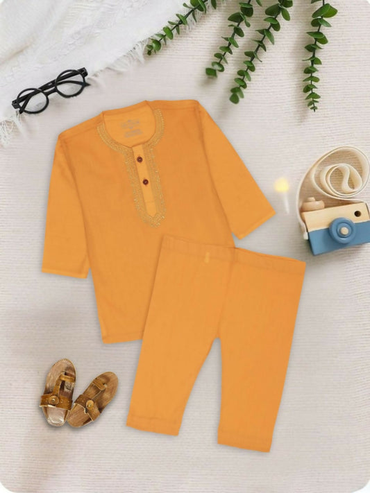Embroidered stitched cotton kurta pajama suit with round neck, full sleeves, and regular fit, ideal for traditional and festive occasions