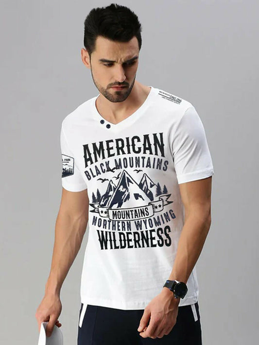 White Funky's Printed Black Mountains V Neck Tee Shirt-14403