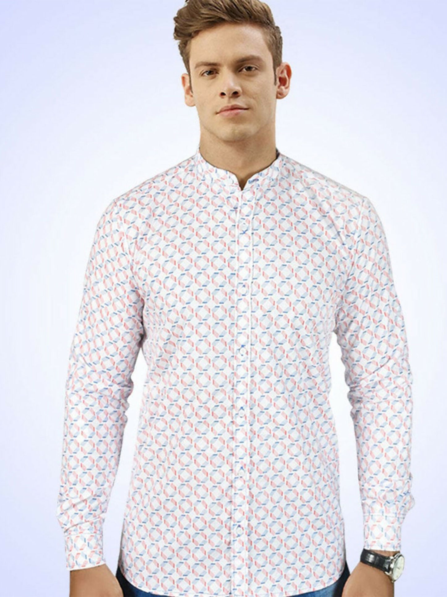 Men’s casual shirt with mandarin collar, full sleeves, button placket, and curved hem, made from 100% cotton.