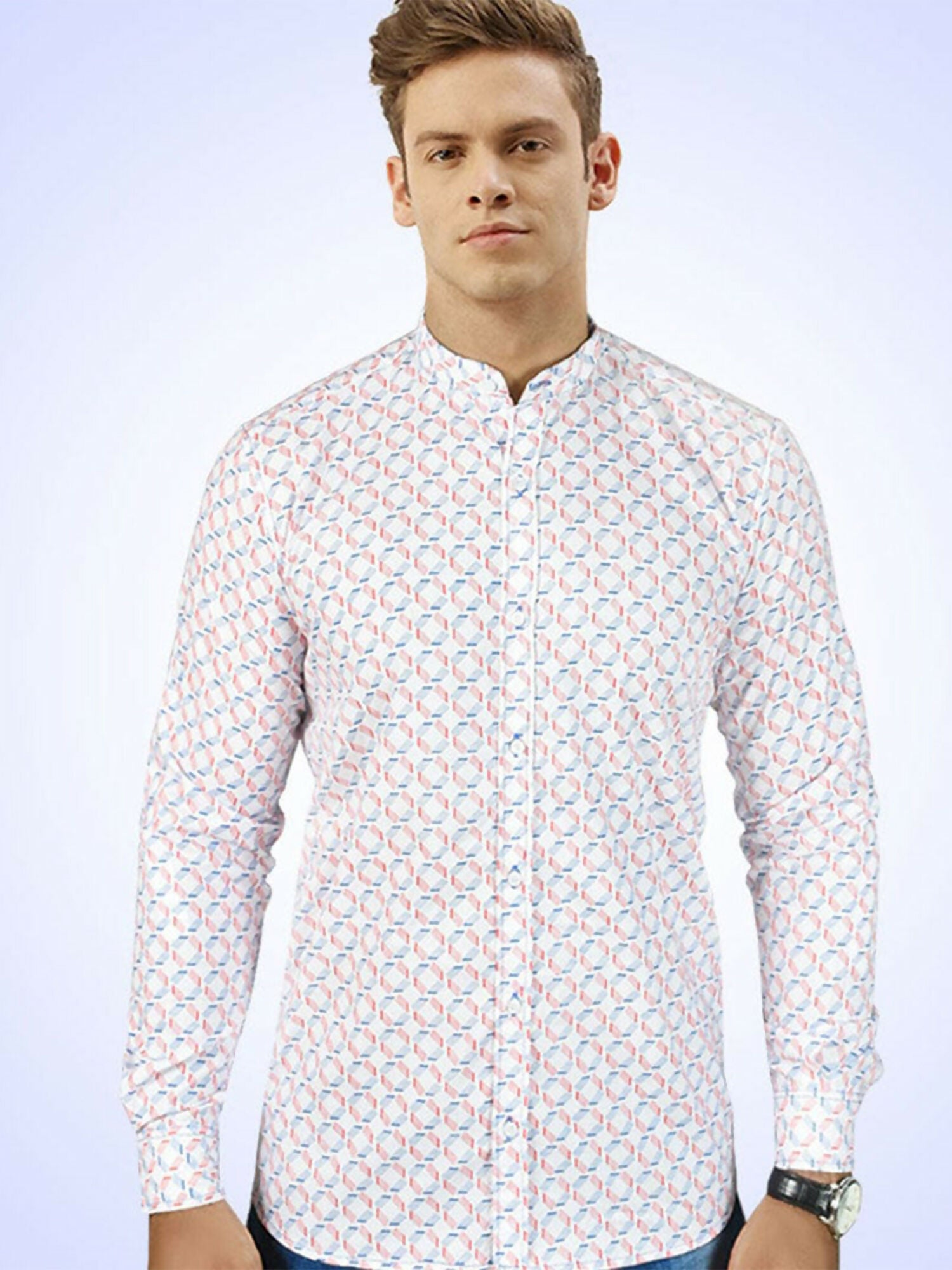 Men’s casual shirt with mandarin collar, full sleeves, button placket, and curved hem, made from 100% cotton.