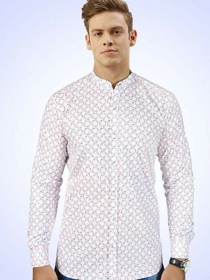 Men’s casual shirt with mandarin collar, full sleeves, button placket, and curved hem, made from 100% cotton.