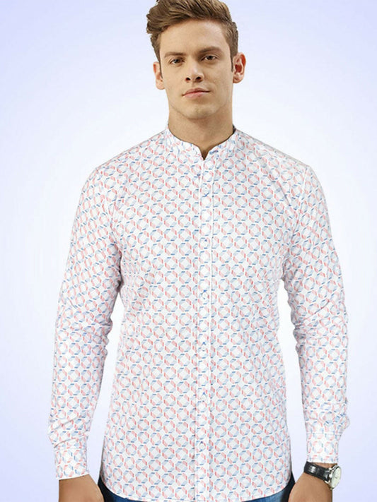 Men’s casual shirt with mandarin collar, full sleeves, button placket, and curved hem, made from 100% cotton.