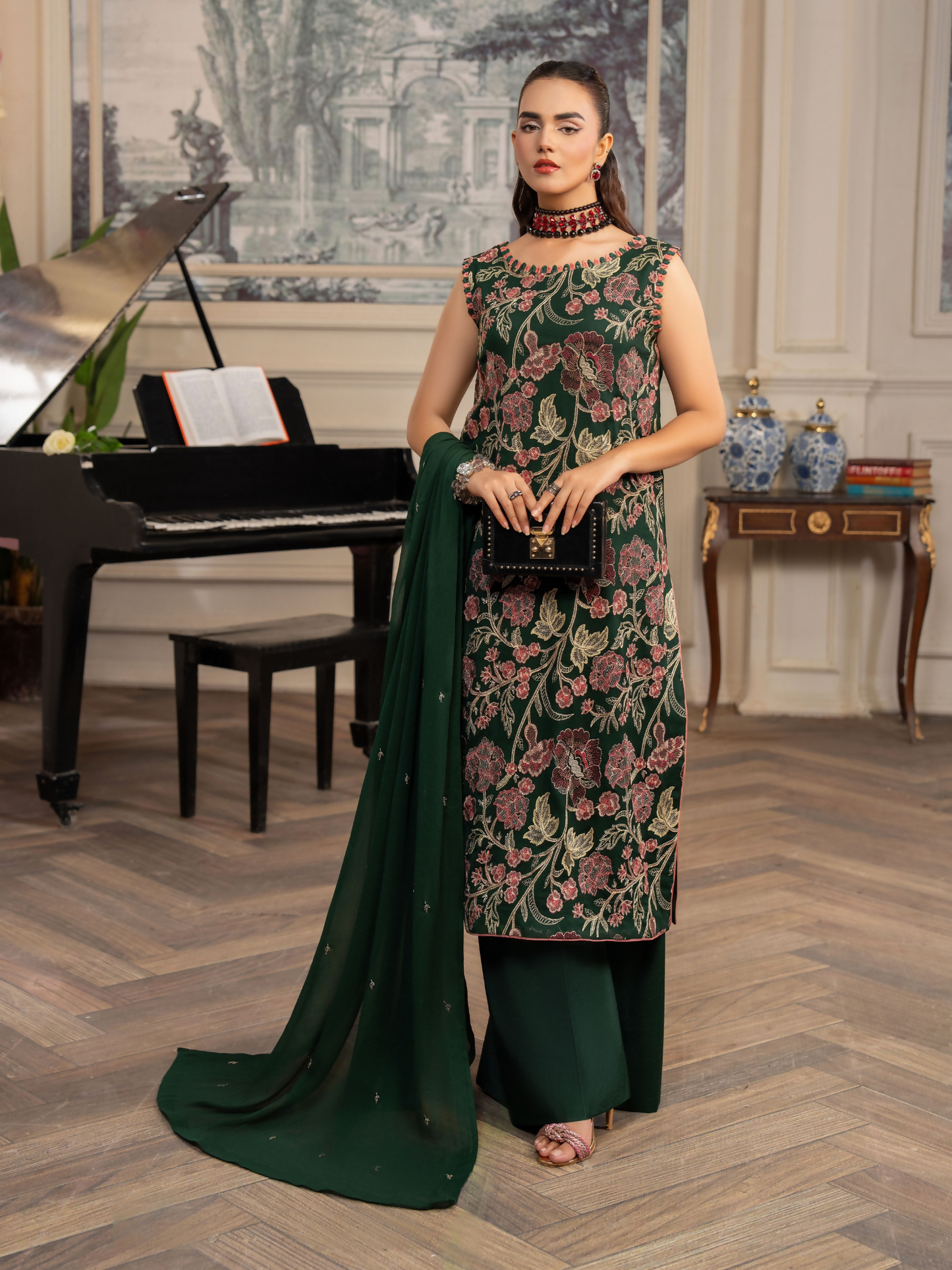 Hemstitch Chiffon Embroidered Stitched 3-Piece Suit-Jade