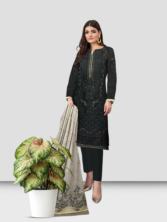 Unstitched 3-piece suit with embroidered Bana Dora lawn shirt, jacquard dupatta, and plain dyed cotton trouser.