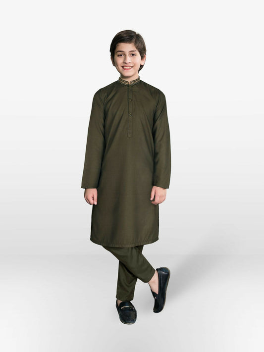 Olive Velvour Boys Embroidred Shalwar Kameez-VB172-A