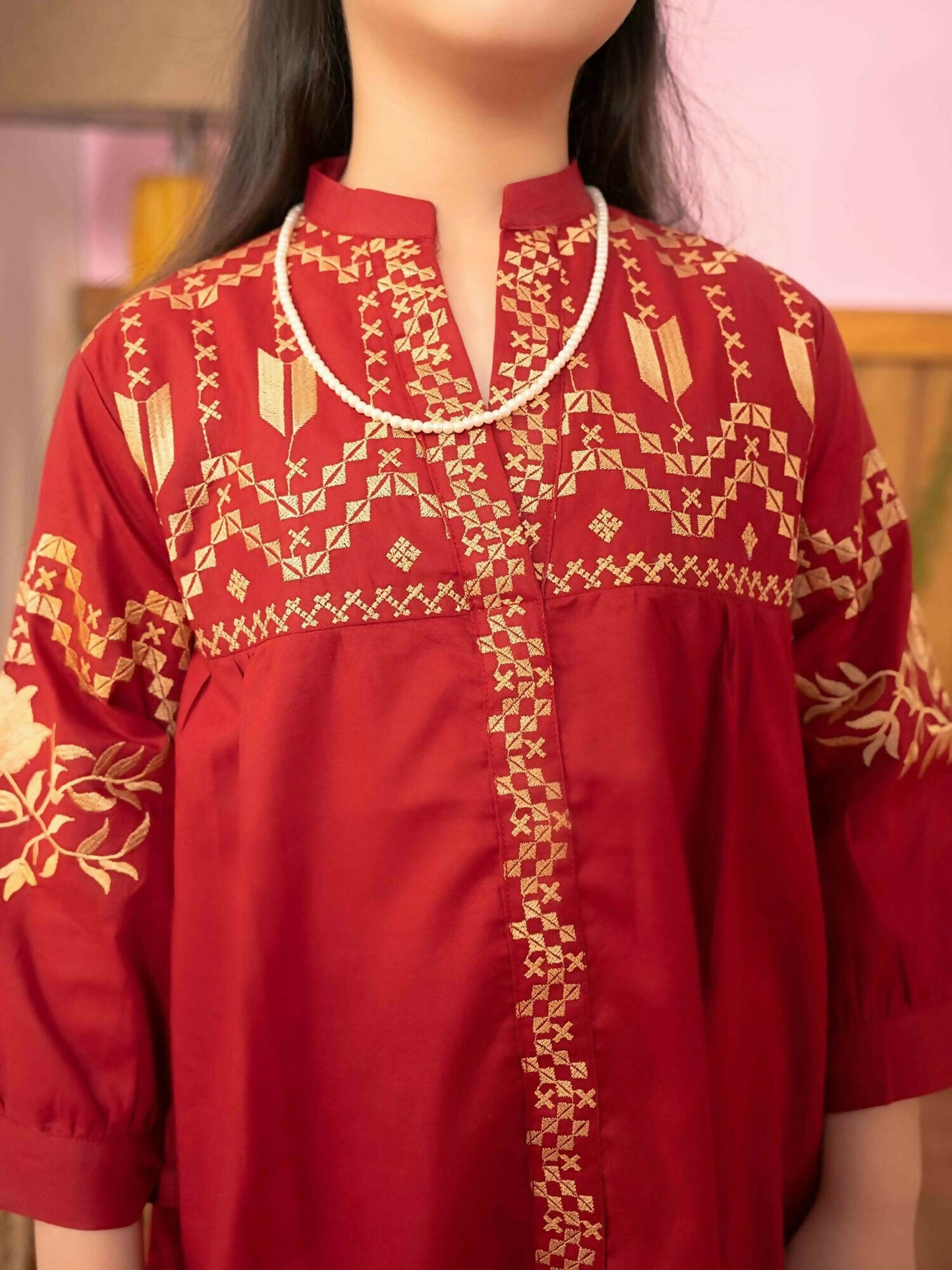 Velvour Girls Cotton Embroidered Stitched 2-Piece Suit-VG77-D