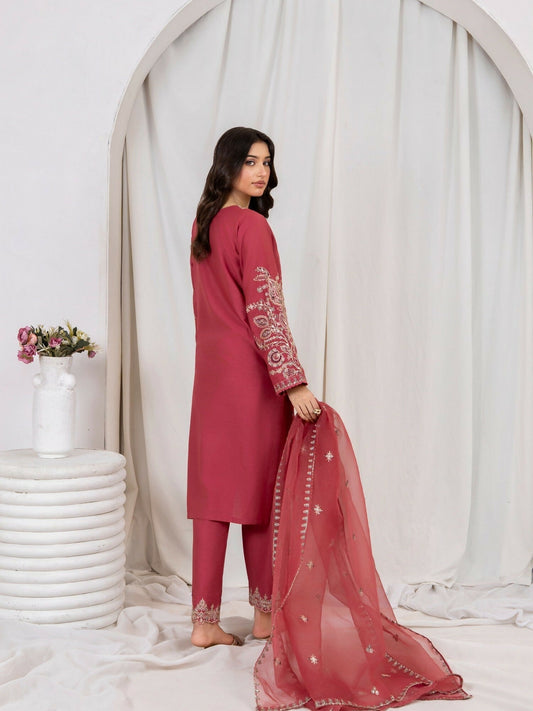 Stylish Collection Saya Pret Linen Chambray Embroidered 3-Piece Suit-Pink Opal