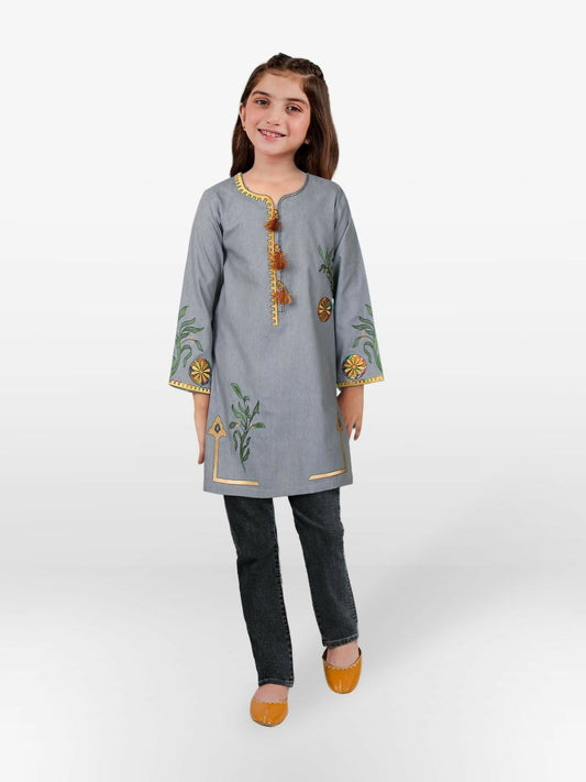 Grey Velvour Girls Embroidered Stitched Kurti Tunic-VG86