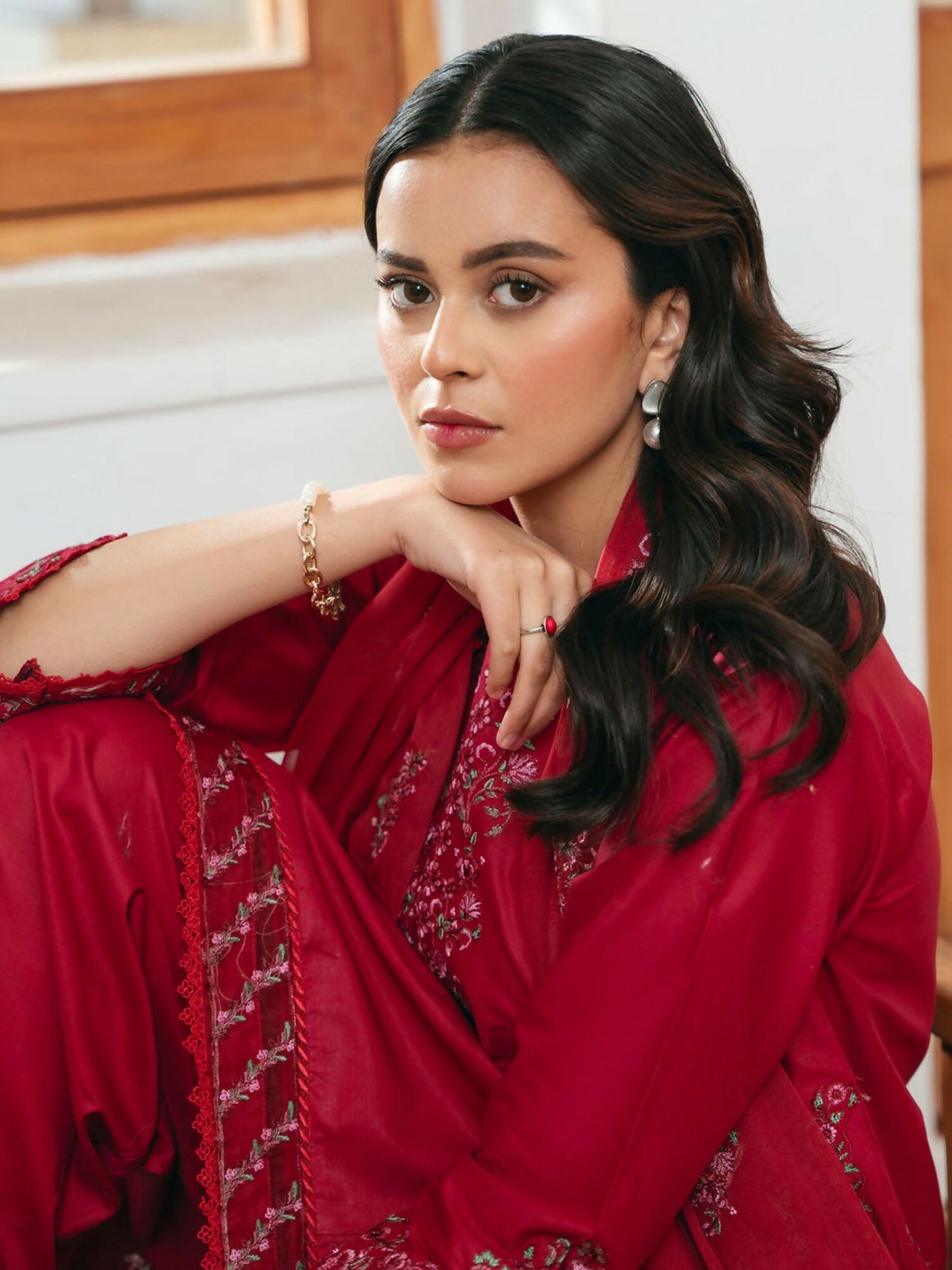 Mannat Clothing Lawn Embroidered Stitched Suit-Carmine