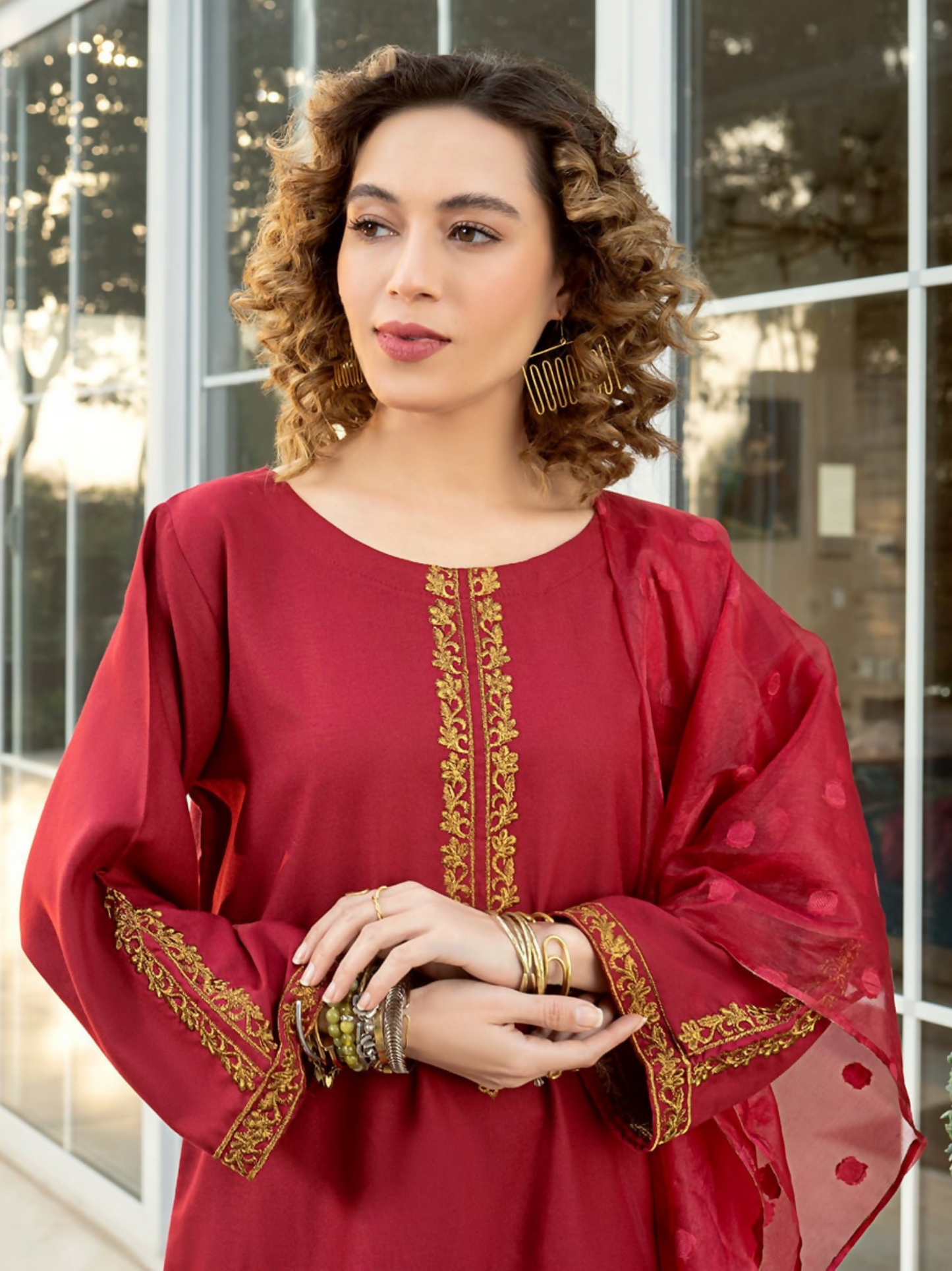 Panache Apparel Lawn Embroidered Stitched 2-Piece Suit-Maroon Sleek