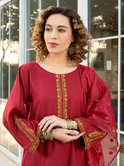 Panache Apparel Lawn Embroidered Stitched 2-Piece Suit-Maroon Sleek