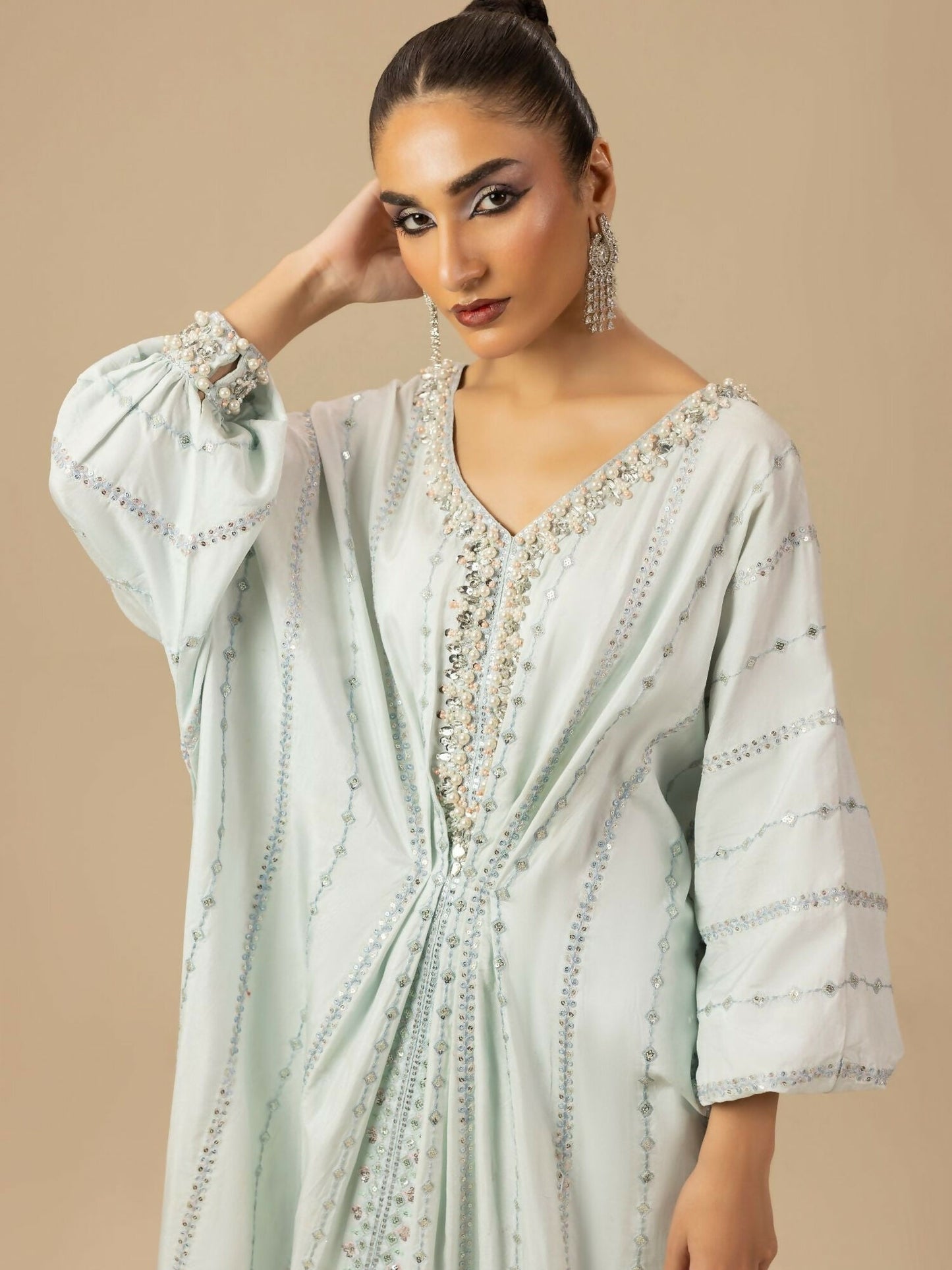 Shurooq Garden Of Dreams Silk Embroidered Kaftan Set-Frost