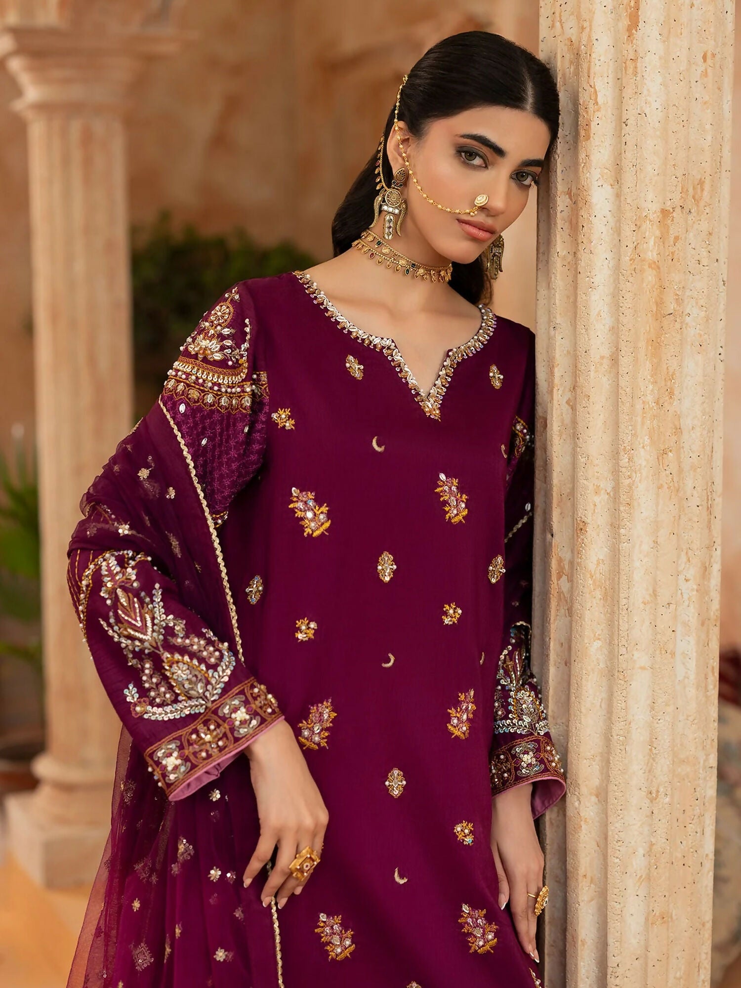 Shurooq Kanpur 1912 Silk Embellished Stitched 3-Piece Suit-Nehel