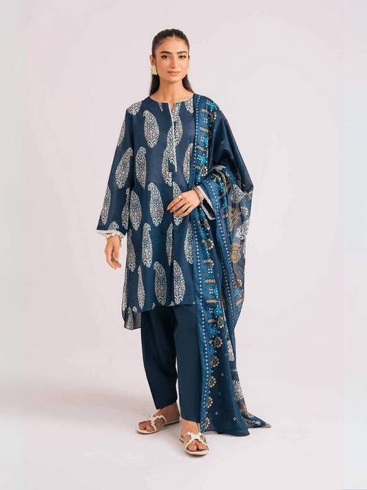 Nishat unstitched 3-piece lawn suit with paisley print, voile dupatta, and cambric trouser in dark blue.
